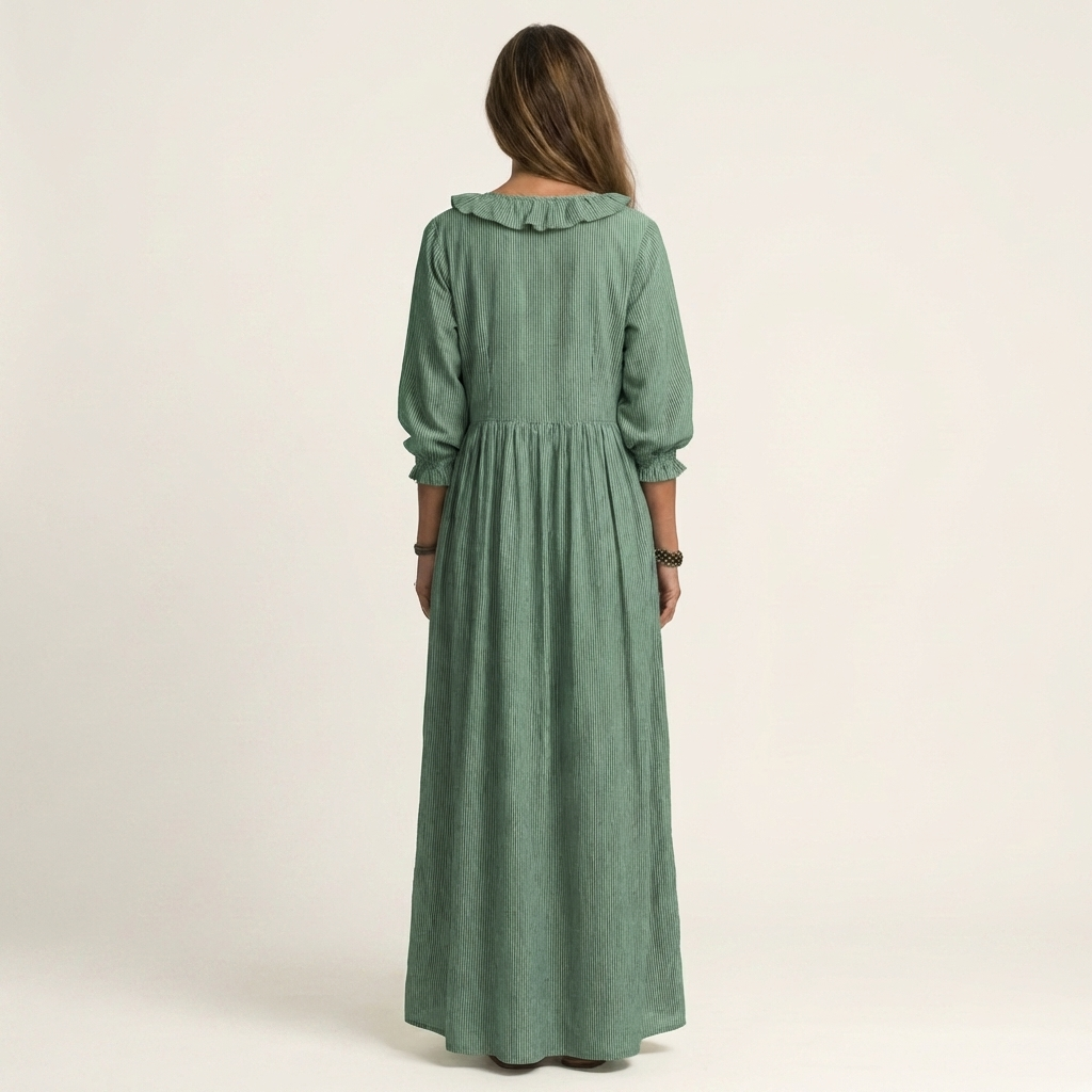 Yosetta | Rüschenschnitt V-Ausschnitt gestreiftes Maxikleid mit Laternenärmeln