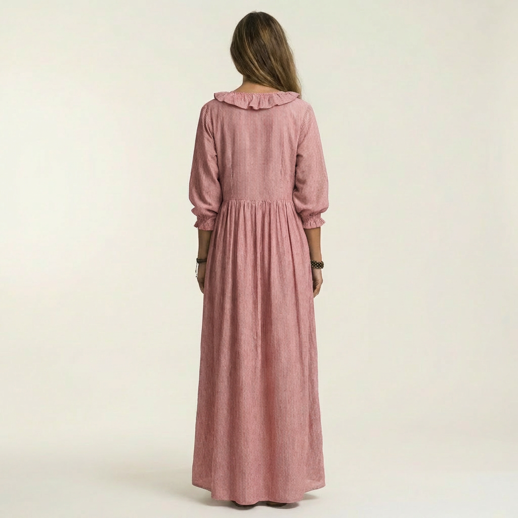 Yosetta | Rüschenschnitt V-Ausschnitt gestreiftes Maxikleid mit Laternenärmeln