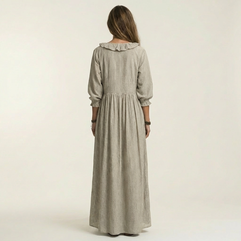 Yosetta | Rüschenschnitt V-Ausschnitt gestreiftes Maxikleid mit Laternenärmeln