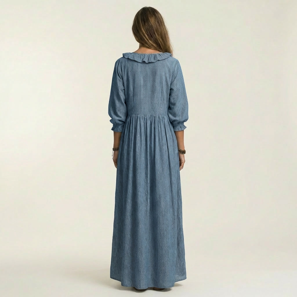 Yosetta | Rüschenschnitt V-Ausschnitt gestreiftes Maxikleid mit Laternenärmeln