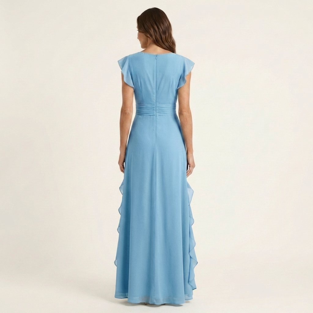 Nellyana | Wickel-Stil V-Ausschnitt Flatterärmel Cascading Ruffle Maxikleid
