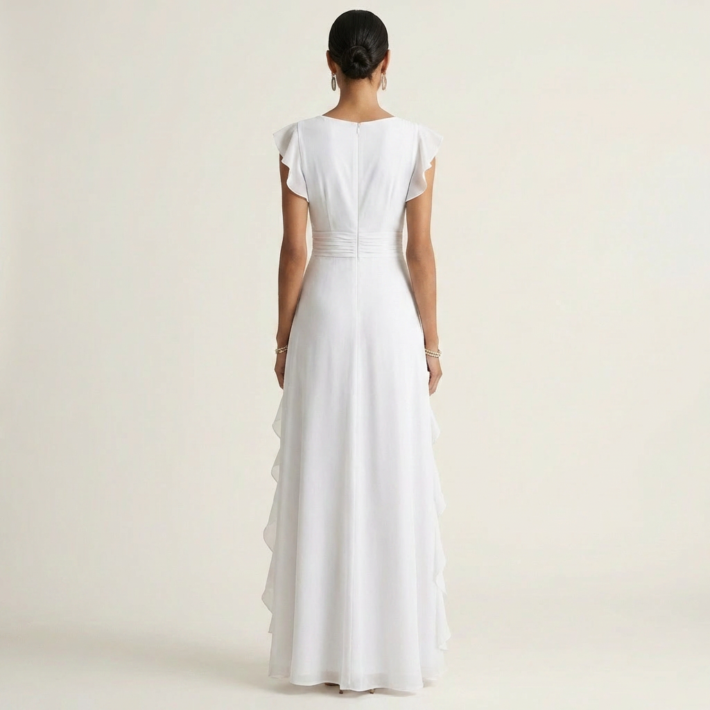 Nellyana | Wickel-Stil V-Ausschnitt Flatterärmel Cascading Ruffle Maxikleid